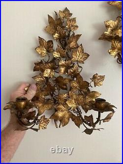 Vintage Gilt PAIR Metal Tole 2-Arm Wall Candelabra sconces Cascading Ivy Leaves
