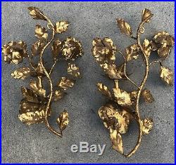 Vintage Gold Gilt Metal Tole Wall Sconce Candle Holder Pair Floral