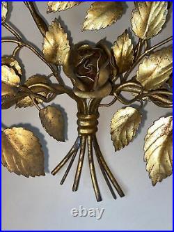Vintage Gold Gilt Tole Wall Sconce 2 Arm Candle Holder Floral Italy