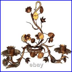 Vintage Gold Gilt Two Arm Candle Wall Sconces with Flowers and Leaves Set of Two