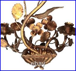 Vintage Gold Gilt Two Arm Candle Wall Sconces with Flowers and Leaves Set of Two