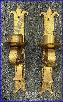 Vintage Gold Gilt Wrought Iron Wall Sconces Candle Holders Fleur du Lis Regency