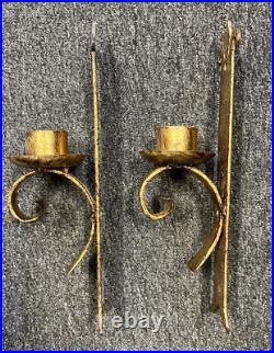 Vintage Gold Gilt Wrought Iron Wall Sconces Candle Holders Fleur du Lis Regency