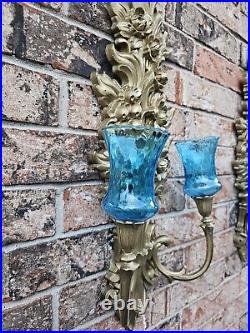 Vintage Gold Wall Sconces Candle Holders Set Hollywood 27.5/ 4 Teal Rare Cups