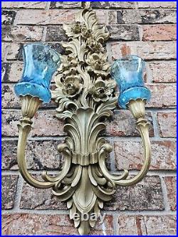 Vintage Gold Wall Sconces Candle Holders Set Hollywood 27.5/ 4 Teal Rare Cups