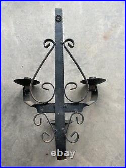 Vintage Gothic Onate Black Wrought Iron 3 Candle Holder Wall Candelabra