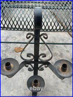 Vintage Gothic Onate Black Wrought Iron 3 Candle Holder Wall Candelabra