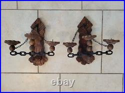 Vintage Hand Made Carved Wooden Metal Spanish Wall Candle Sconce Medieval Style
