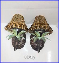 Vintage Heavy Brass Bronze Palm Tree Candle Sconces, Hollywood Regency Pineapple