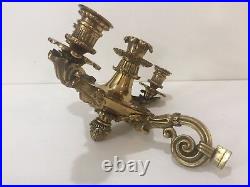 Vintage Heavy Brass Wall Sconce 3 Arms 4 Candle Holder, 7 Tall x 11 1/2 Widest