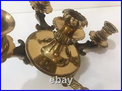 Vintage Heavy Brass Wall Sconce 3 Arms 4 Candle Holder, 7 Tall x 11 1/2 Widest