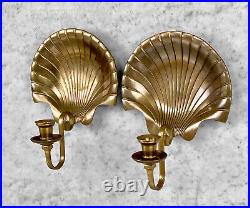 Vintage Hollywood Regency Brass Scallop Shell Wall Candle Sconces A Pair