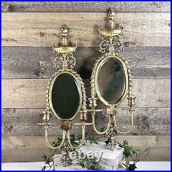 Vintage Hollywood Regency Mid Century Gold Gilded Brass Mirror Candle Sconces