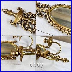 Vintage Hollywood Regency Mid Century Gold Gilded Brass Mirror Candle Sconces