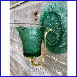 Vintage Indiana Glass Green Sandwich Tiara Candle Wall Sconce Set With Votive