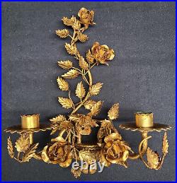 Vintage Italian Gilded Metal Rose Dual Candle Wall Sconces, Pair