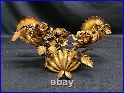 Vintage Italian Gilded Metal Rose Dual Candle Wall Sconces, Pair