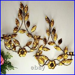 Vintage Italian Gold Gilt CANDLE WALL SCONCES Flower Hollywood Regency Metal PR
