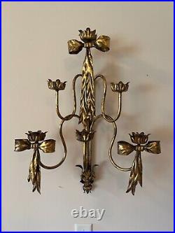 Vintage Italian Hollywood Regency Gold Tole Bow Wall Sconce Candle Holder 26