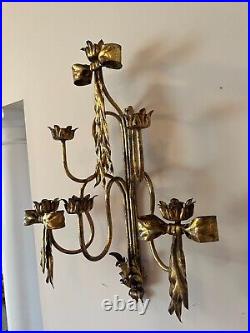 Vintage Italian Hollywood Regency Gold Tole Bow Wall Sconce Candle Holder 26