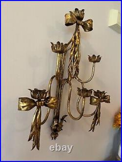 Vintage Italian Hollywood Regency Gold Tole Bow Wall Sconce Candle Holder 26