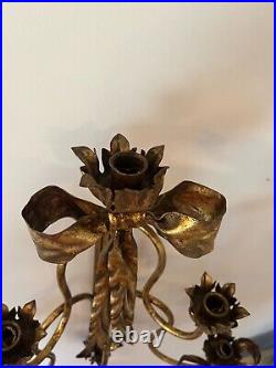 Vintage Italian Hollywood Regency Gold Tole Bow Wall Sconce Candle Holder 26