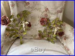 Vintage Italian Metal Tole Flower Red Roses Sconces Wall Candle Holders Pair