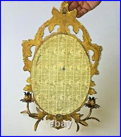 Vintage Italian Tole Gold Gilt Double Candle Holder Rococo Mirror Wall Sconce