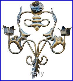Vintage Italian Tole Pair Metal Gilded Floral Wall Sconce Candle Holders 13x11