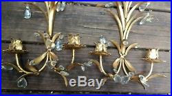 Vintage Italian Tole Wall Sconces Candle Holders Gilt Crystal Drops A Pair 1959