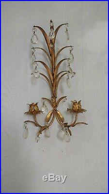 Vintage Italian Tole Wall Sconces Candle Holders Gilt Crystal Drops A Pair 1959