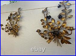 Vintage Italian Toleware Gilt Metal Floral Pair Of Wall Sconces Candle Holders