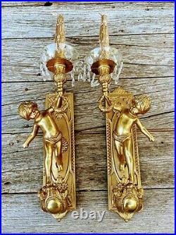 Vintage Lancini Italian Brass Cherub Putti Candle Wall Sconces