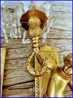 Vintage Lancini Italian Brass Cherub Putti Candle Wall Sconces