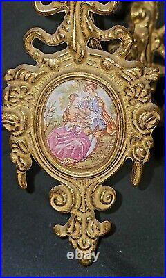 Vintage Limoges France Bronze Brass Porcelain Medallion Wall Sconces Pair