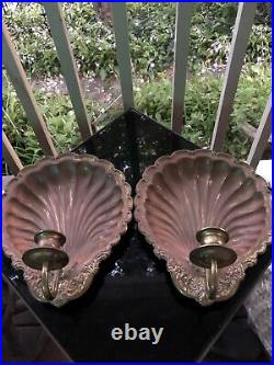 Vintage Lot of 2 11x9 Brass Copper Scallop Shell Wall Sconces Candle Holders