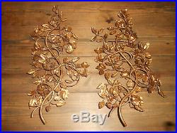Vintage MCM 1950s Pair of Tole Italian Metal Candle Holder Gold Wall Sconce