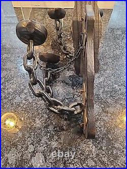 Vintage Medieval Style Original Spanish Wood Candle Sconce Metal Chain Wall Art