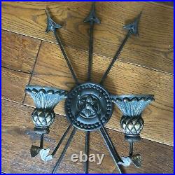 Vintage Metal Crossed Arrow Candle Wall Sconces Pair Large Crest