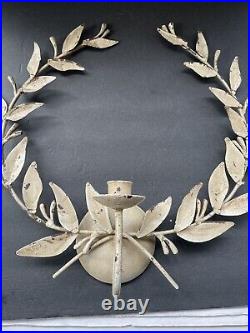 Vintage Metal Olive Leaf Wreath Wall Candleholder Chippy Paint