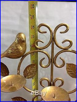 Vintage Metal Wall Sconce Candle Holder Gold 10 Pillar Tree Birds Leaves Rare