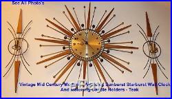Vintage Mid Century Modern Westclox Starburst Wall Clock And Teak Candle Holders