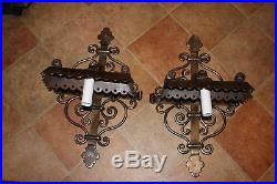 Vintage Mission Gothic Wrought Iron Wall Sconce Candle Holders-Pair-Large