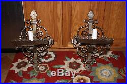 Vintage Mission Gothic Wrought Iron Wall Sconce Candle Holders-Pair-Large