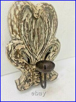 Vintage Old Rare Hand Carved Wooden & Iron Wall Hanging Painted Candle Stand