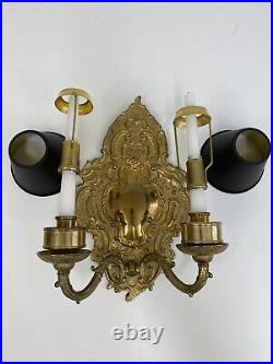 Vintage Ornate Brass Wall Sconce Double Candle Holder WithMetal Shades /rb