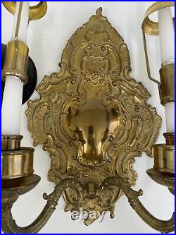 Vintage Ornate Brass Wall Sconce Double Candle Holder WithMetal Shades /rb