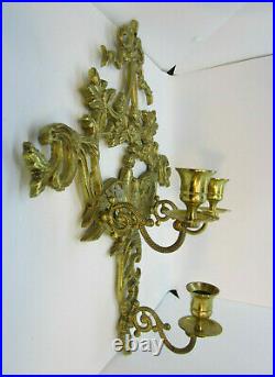 Vintage Ornate French Brass Hollywood Regency 3 Arm Candle Wall Sconce Holder