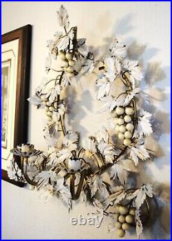 Vintage Ornate Italian 18 x 19 3 Candle Holders Snowy Grape Vine Wall Sconce