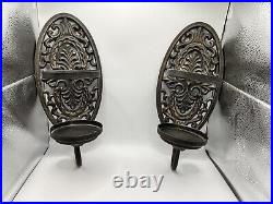 Vintage Ornate Oval Wall Mounted Cast Iron Candle Holder 12'' Tall Lot Of 2